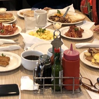 Stacks Pancake House - Top left: Mac'Nut Banana Pancake, too right: Hibachi Steak & Eggs, bottom right: Kalua Pork Benedict - Breakfast & Brunch Near Me - Irvine, California