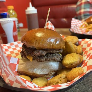 Red Wagon Burger - Double cheese burger and fried pickles! Yummm. So full. I should have gotten one patty. - Fish & Chips Near Me - Puyallup, Washington