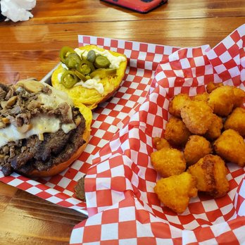 WtfExp - DTF burger with two patties and a side order of s'mac and cheese bites - Cheesesteaks Near Me - Phoenix, Arizona
