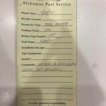 Alchemist Pool Service - Receipt from 2nd visit stating problem wasn't fixed and the exact problem that there is. Serviced by Niro? - Pool Cleaners Near Me - Las Vegas, Nevada