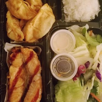 Bethany Sushi - Bento w/teriyaki salmon, gyoza, rice, salad. California roll not pictured. - Japanese Near Me - Portland, Oregon Bethany Sushi - Bento w/teriyaki salmon, gyoza, rice, salad. California roll not pictured. - Japanese Near Me - Portland, Oregon