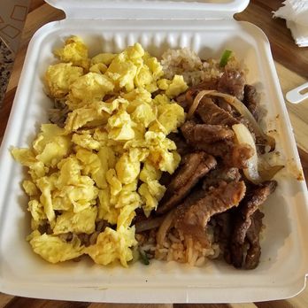 Kaya's Kitchen - Steak and eggs breakfast with fried onions and rice. - Hawaiian Near Me - Hauula, Hawaii