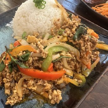 Saoha Khao Soi Thai Cuisine - Chicken Pad Krapow Over Rice - Thai Near Me - Los Angeles, California Saoha Khao Soi Thai Cuisine - Chicken Pad Krapow Over Rice - Thai Near Me - Los Angeles, California