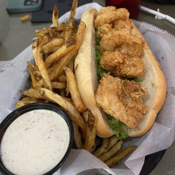 Two Roads Tavern - Shrimp po-boy with fries - Seafood Near Me - Kitty Hawk, North Carolina