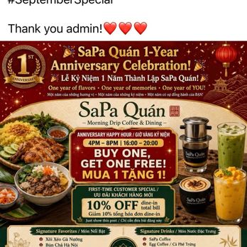 Morning Drip Cafe - SaPa Quán's one-year anniversary advertisement. It promotes a "Buy One, Get One Free" happy-hour special from 4:00 p.m. to 8:00 p.m. - Cafes Near Me - Westminster, California