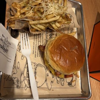 The Melt - Garlic Parmesan fries, and the bacon burger with Bbq sauce - Burgers Near Me - Brea, California
