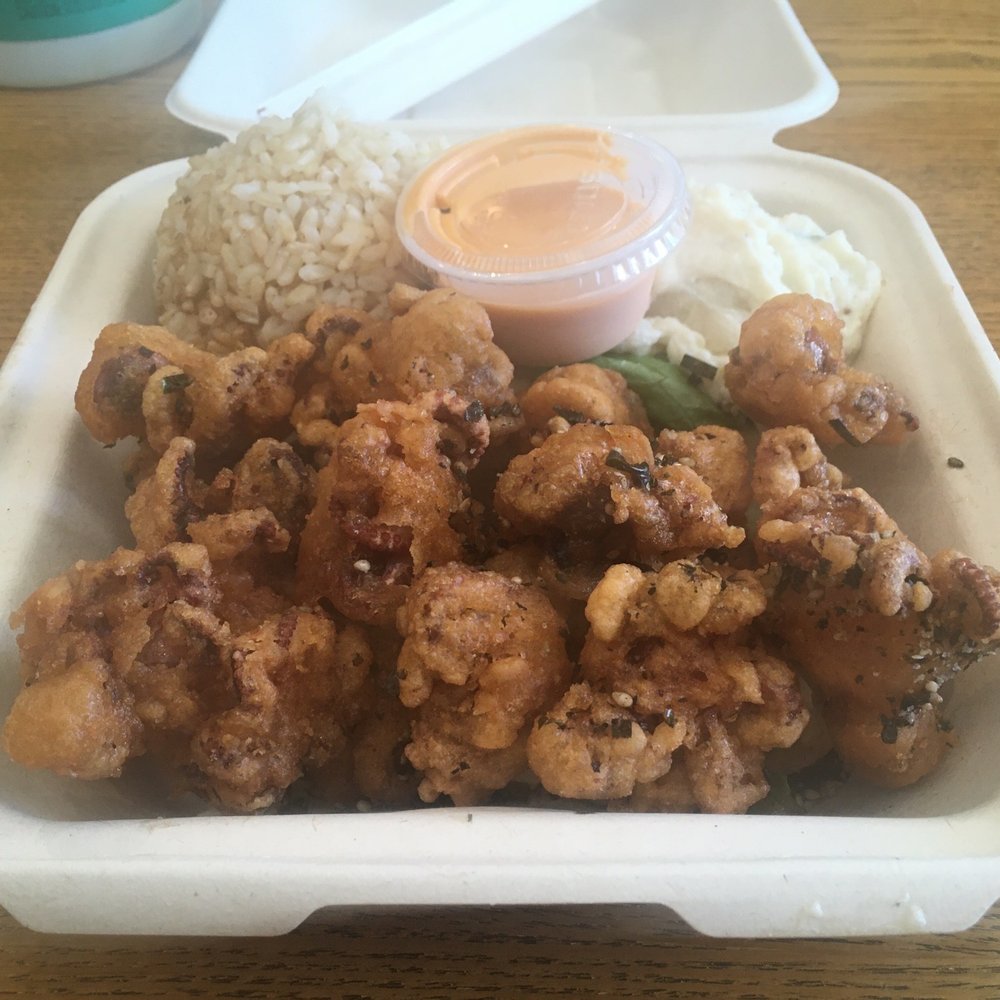 Pioneer Saloon - Deep fried baby tako (octopus) with potato salad and brown rice. - Japanese Near Me - Honolulu, Hawaii Pioneer Saloon - Deep fried baby tako (octopus) with potato salad and brown rice. - Japanese Near Me - Honolulu, Hawaii