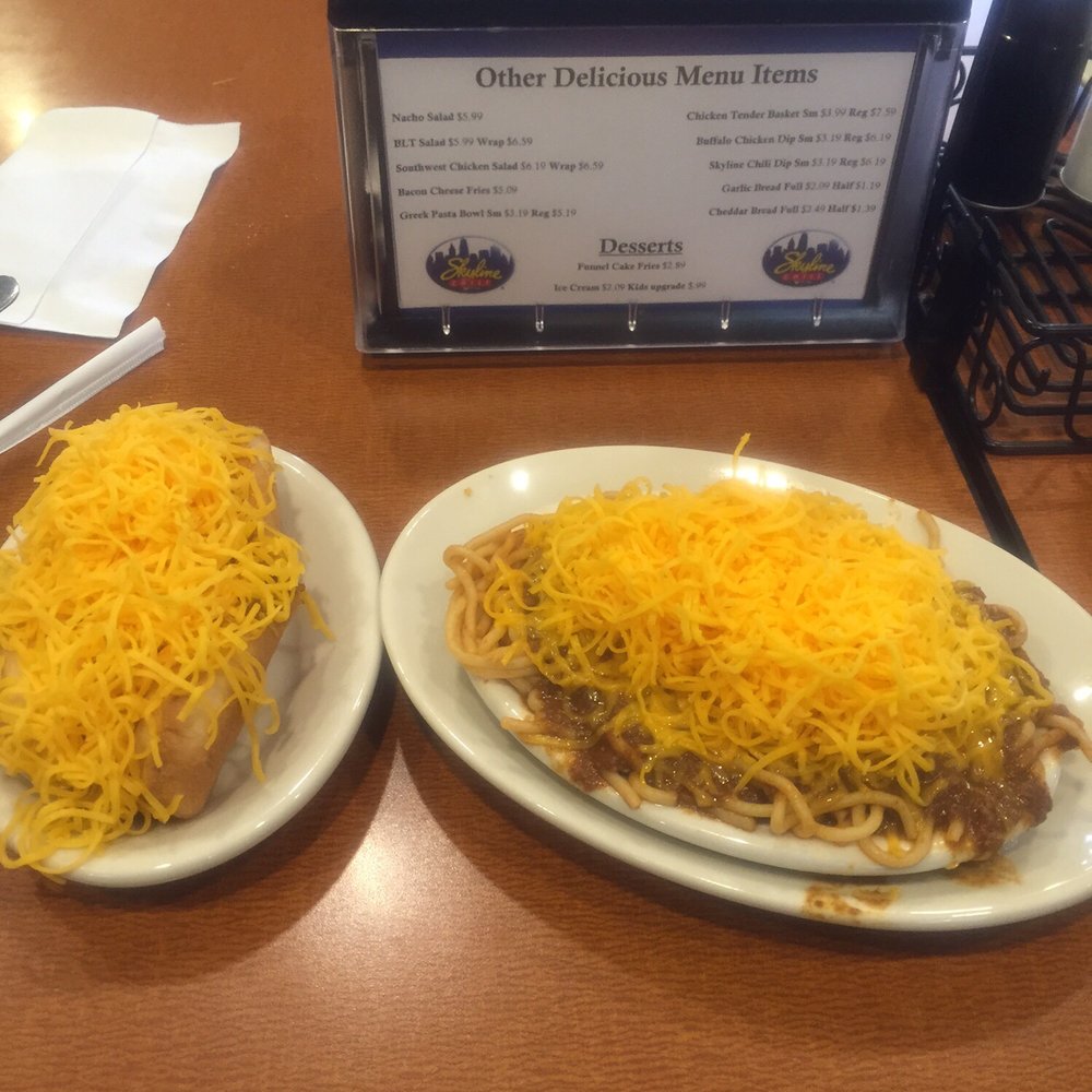 Skyline Chili - Yummmmm! My Coney dog on the left and the 3-way on the right! - Hot Dogs Near Me - Eaton, Ohio Skyline Chili - Yummmmm! My Coney dog on the left and the 3-way on the right! - Hot Dogs Near Me - Eaton, Ohio