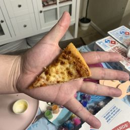 a hand holding a piece of pizza