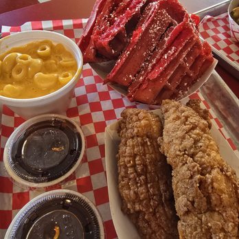Lucky’s Hot Chicken - Red velvet Chicken and waffles with mac and cheese - Chicken Shop Near Me - Dallas, Texas Lucky’s Hot Chicken - Red velvet Chicken and waffles with mac and cheese - Chicken Shop Near Me - Dallas, Texas