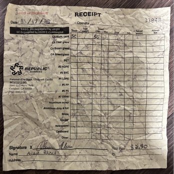 Republic Services Palomar Transfer Station - 03/17/25 Receipt - PAID $2.50 for 50 cans - Recycling Center Near Me - Carlsbad, California