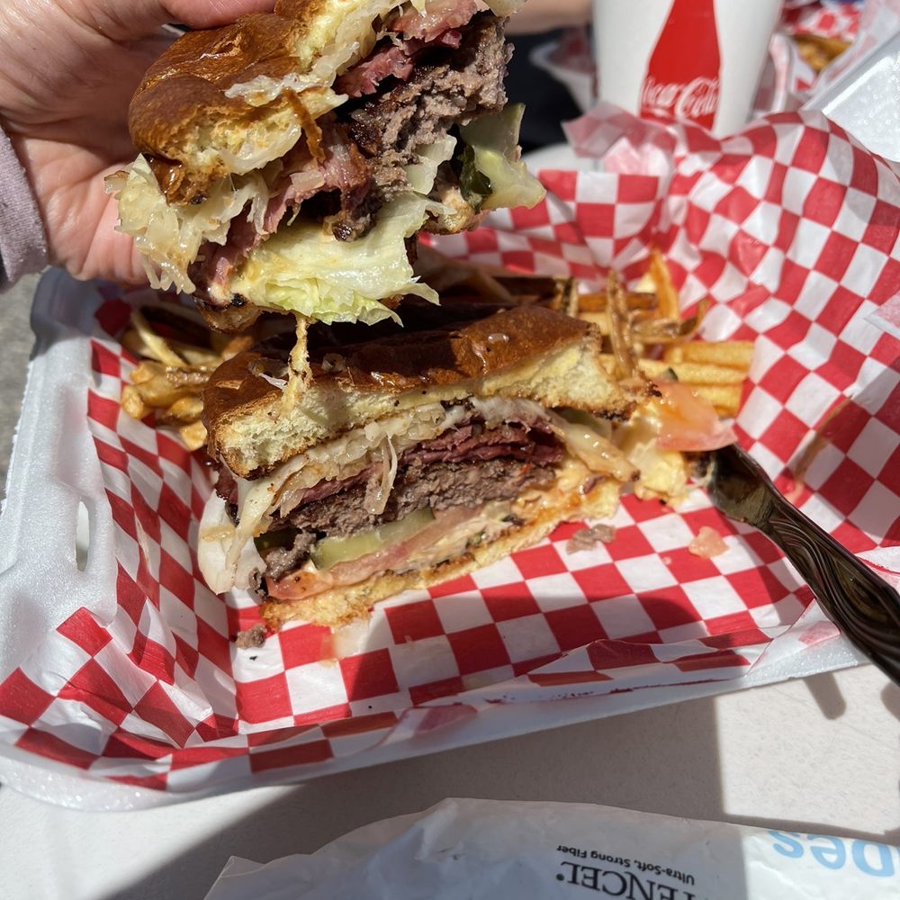 Double Decker Drive-In - The "General Kraut" burger with homecut fries - Burgers Near Me - Loa, Utah