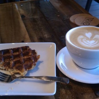 Trio Coffee - Latte made with Love & an imported Belgian Waffle. - Cafes Near Me - Flower Mound, Texas