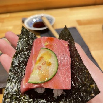 Sugo Hand Roll Bar - Otoro (cucumber slice, gold flake) - Sushi Bars Near Me - Seattle, Washington Sugo Hand Roll Bar - Otoro (cucumber slice, gold flake) - Sushi Bars Near Me - Seattle, Washington