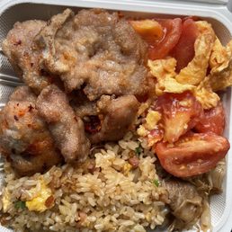Fried sticky rice, Cantonese eggs and tomatoes, chow fun, salt and chili pork chops Fried sticky rice, Cantonese eggs and tomatoes, chow fun, salt and chili pork chops