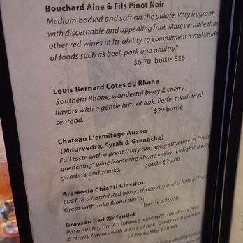 Zydeco's - House Red Wine Menu - Cajun/Creole Near Me - Mooresville, Indiana