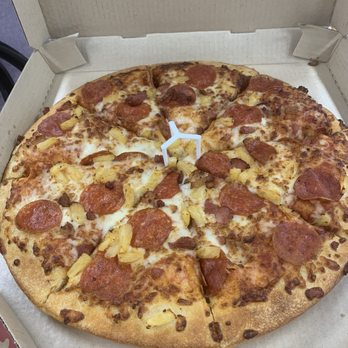 Pizza Hut - Pan pizza with pepperoni, bacon, pineapple. (After a 45 minute ride home. Not hot anymore) - Pizza Near Me - Wasilla, Alaska Pizza Hut - Pan pizza with pepperoni, bacon, pineapple. (After a 45 minute ride home. Not hot anymore) - Pizza Near Me - Wasilla, Alaska