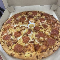 Pizza Hut - Pan pizza with pepperoni, bacon, pineapple. (After a 45 minute ride home. Not hot anymore)