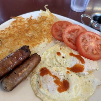 Pete's Henny Penny Restaurant - My go to- sausage, eggs over easy, hash browns & sub fresh tomato slice for toast. Chili Gods hot sauce on the tables! - American Near Me - Petaluma, California