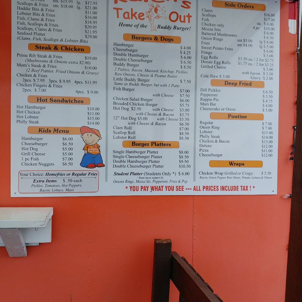 Kalen's Take Out - a menu on a wall - Food Stands Near Me - Digby, Nova Scotia Kalen's Take Out - a menu on a wall - Food Stands Near Me - Digby, Nova Scotia