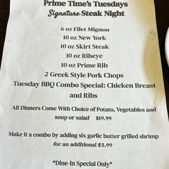 Prime Time Restaurant & Bar - Tuesday Night Steak Special! Only $19.99. Can't be it!!! - American Near Me - Hickory Hills, Illinois Prime Time Restaurant & Bar - Tuesday Night Steak Special! Only $19.99. Can't be it!!! - American Near Me - Hickory Hills, Illinois