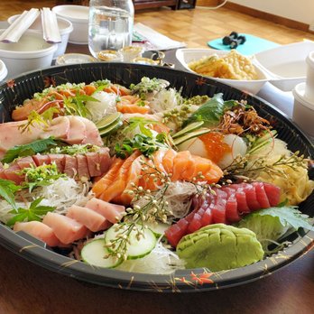 Sushi Yoshi - Sashimi Deluxe x3 (combined three orders onto one tray), also tempura. This comes with salad and rice. - Sushi Bars Near Me - Vienna, Virginia