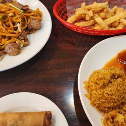 JJ China Diner - Mongolian beef lo mein, orange chicken and fried rice with egg roll