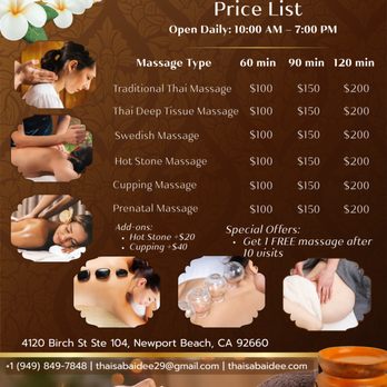 Sabai Dee - Now offering Prenatal Massage. Get 15% OFF all treatments with this brochure. - Massage Therapy Near Me - Newport Beach, California Sabai Dee - Now offering Prenatal Massage. Get 15% OFF all treatments with this brochure. - Massage Therapy Near Me - Newport Beach, California