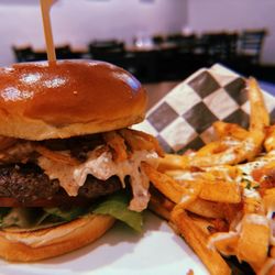Gaston Brewing Restaurant - Southern Bacon Jam Burger with loaded cheese fries