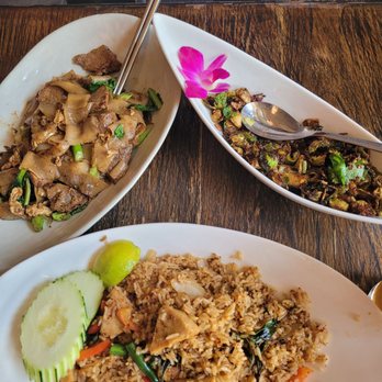 Thai District - Pad-see-eu, Spicy friend rice with tofu, and spicy Brussel sprouts - Thai Near Me - Long Beach, California