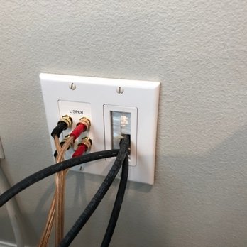 Strategic Technology - Outlet with speaker connections and brush-style cable outlet for 2 HDMIs and one optical audio cable. - IT Services & Computer Repair Near Me - Orem, Utah