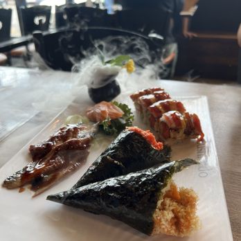 Sushi Edo - Angry Bird (8 Pcs), salmon hand roll, spicy tuna hand roll, eel and salmon sashimi - Sushi Bars Near Me - Rolling Meadows, Illinois