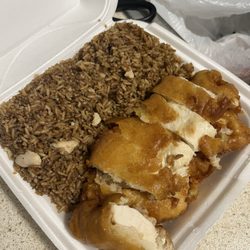 New Moon Restaurant - Almond chicken dinner w/ fried rice. They have both the vegetable sauce and brown gravy sauces, you choose which sauce you want!