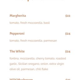 The menu for their pizza menu