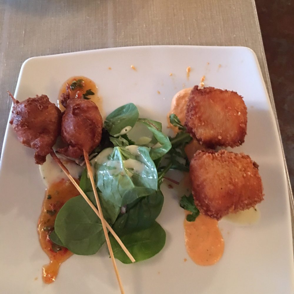 Backyard Bistro - Shrimp corn dogs and grit fritters. - American Near Me - Pipe Creek, Texas