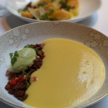 Spruce - Sweet corn veloute, cornbread crumble, jimmy nardello peppers, basil creme fraiche - American Near Me - San Francisco, California Spruce - Sweet corn veloute, cornbread crumble, jimmy nardello peppers, basil creme fraiche - American Near Me - San Francisco, California