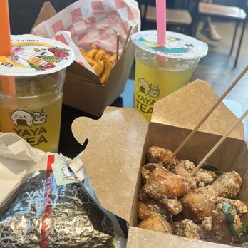 Legend Chicken - Popcorn chicken and curly fries (drinks and onigiri were from another store) - Chicken Wings Near Me - Flushing, New York
