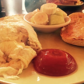 Veggie egg white omelette with fruit cup and English muffin.  So good!