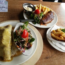Bronco's Steak House - Chicken and mushroom crepe, Tenderfoot steak, and chips.