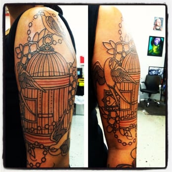 Red Hot Tattoo - My "Three Little Birds" piece.  This is the outline, I still need to go back for some color sessions. Work done by Joseph Caram - Tattoo Near Me - Arcadia, California