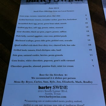 Barley Swine - Barley Swine food menu - June 2012 - New American Near Me - Austin, Texas Barley Swine - Barley Swine food menu - June 2012 - New American Near Me - Austin, Texas