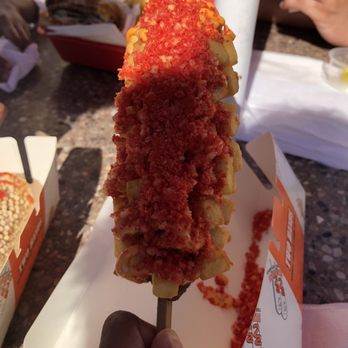 Two Hands Corn Dogs - Potato corn dog with hot Cheetos dust - Korean Near Me - Torrance, California