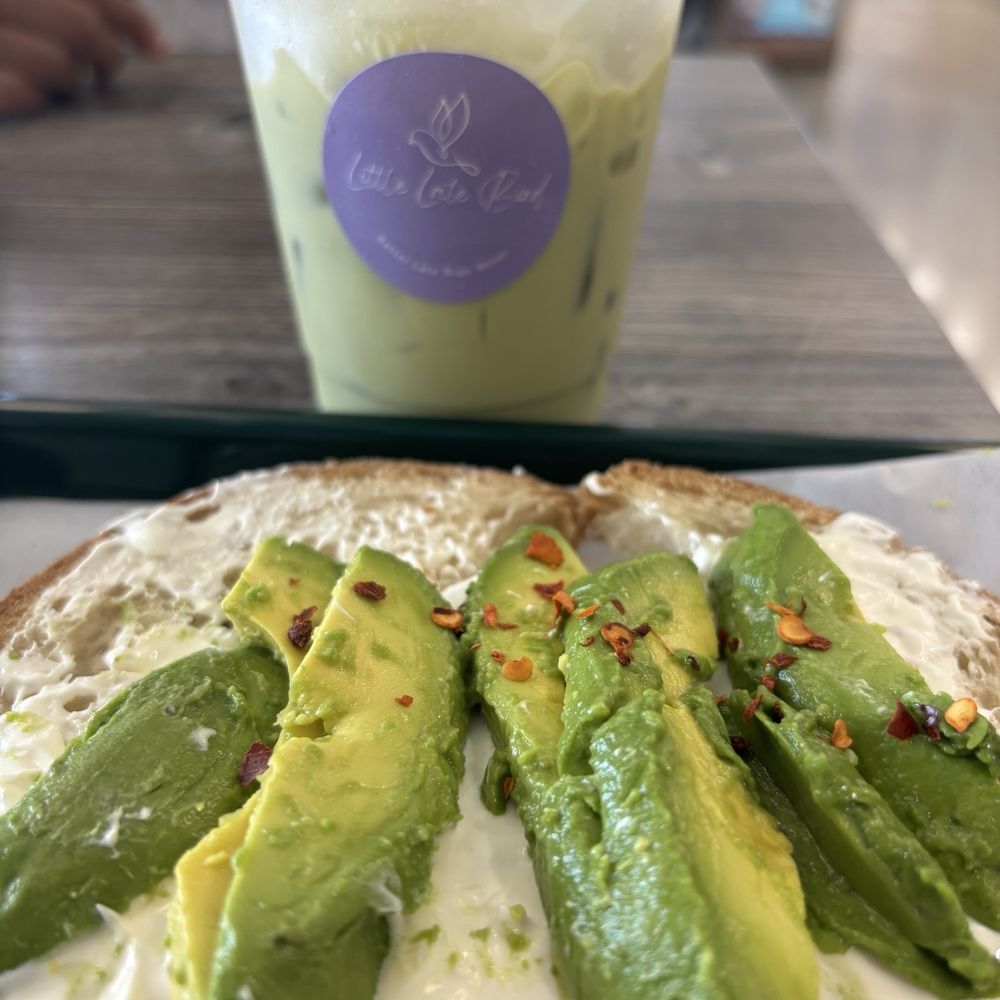 Little Late Bird - Avocado, cream cheese toast with red pepper flakes Ice Matcha latte with almond mill - Breakfast & Brunch Near Me - San Mateo, California