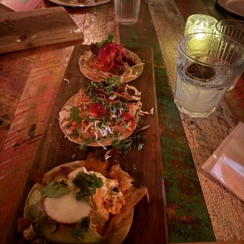 Dos Santos - Governor shrimp taco, beer battered shrimp taco, crispy pork belly taco & house marg - Mexican Near Me - Nashville, Tennessee