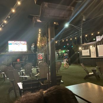Covington Yard - Big screen tv that was showing the Reds game. - Beer Gardens Near Me - Covington, Kentucky