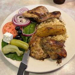 Nick's Patio - Greek half-chicken meal with rice and potatoes