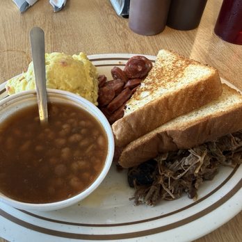 Plank's Barbeque - 2 meat plate brisket and hot like with beans and potato salad - Barbeque Near Me - Garden City, Kansas Plank's Barbeque - 2 meat plate brisket and hot like with beans and potato salad - Barbeque Near Me - Garden City, Kansas