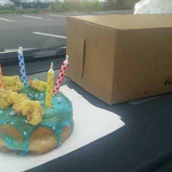 Doe Donuts - Birthday cake donut (candles mine). Yum! - Donuts Near Me - Portland, Oregon Doe Donuts - Birthday cake donut (candles mine). Yum! - Donuts Near Me - Portland, Oregon