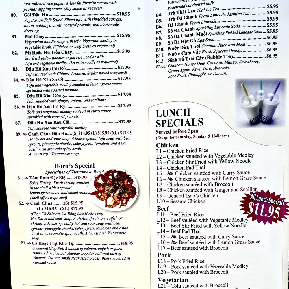 Pho Horn's - Another section of the takeout menu. - Vietnamese Near Me - Pawtucket, Rhode Island