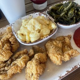 Pecan Crusted Fried Catfish with Mac & Cheese and Turnip Greens